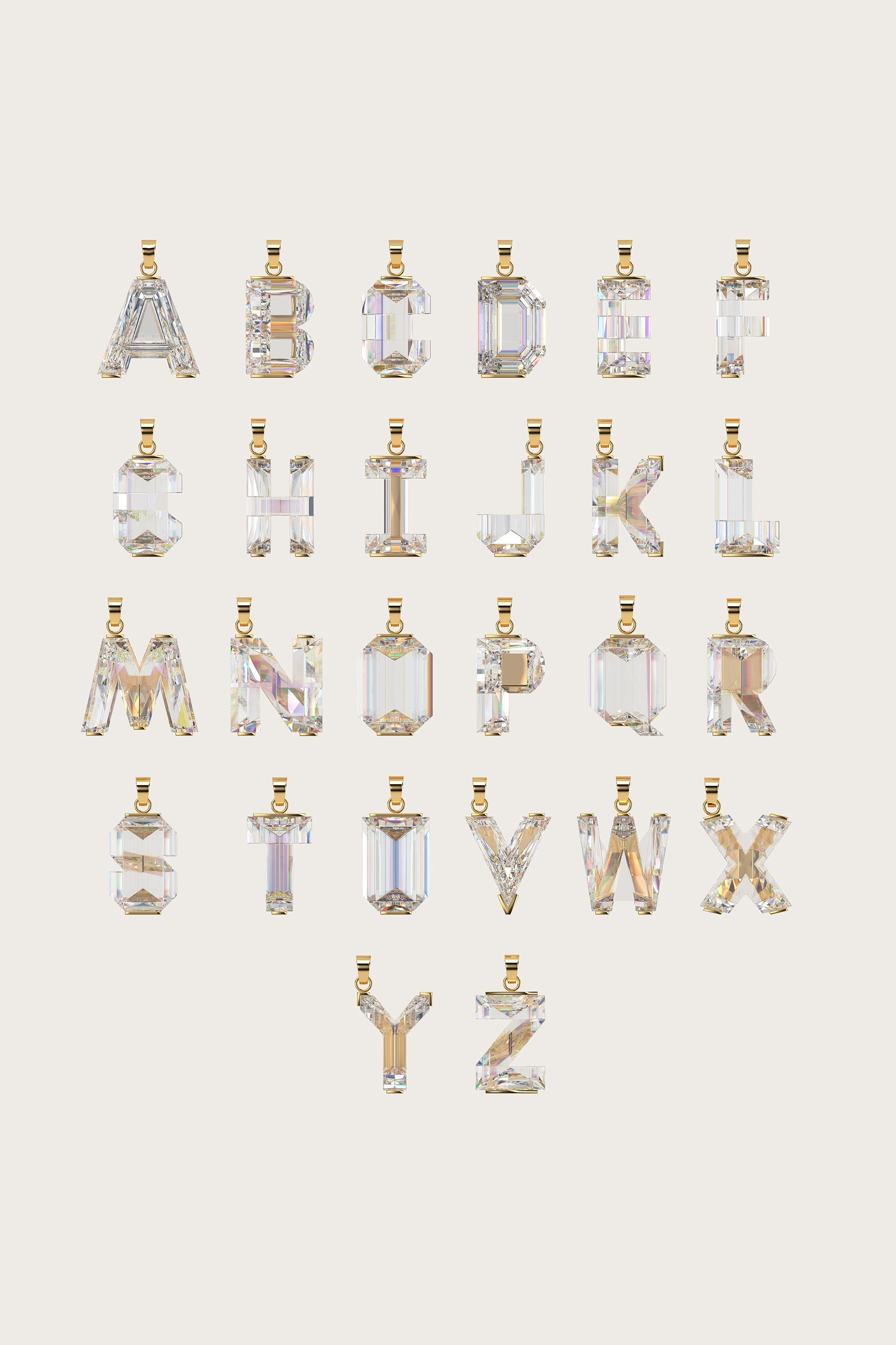 Set of gold alphabet pendants with sparkling gemstones in various cuts, arranged alphabetically on a light beige background.