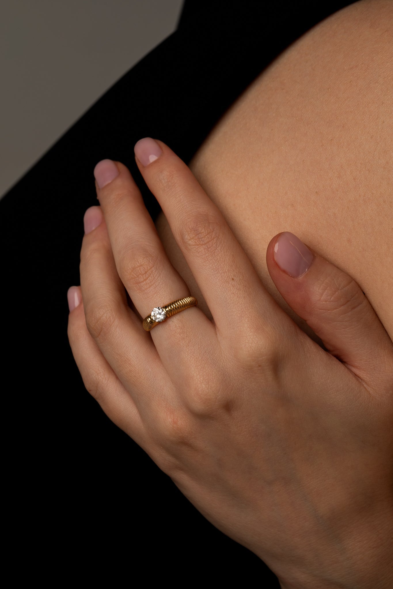 Ribbed Crescent Diamond Ring