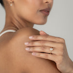 Bridal inspiration featuring the KARAAT Oval Six Prong Solitaire ring in 18k white gold, styled for a modern wedding look.
