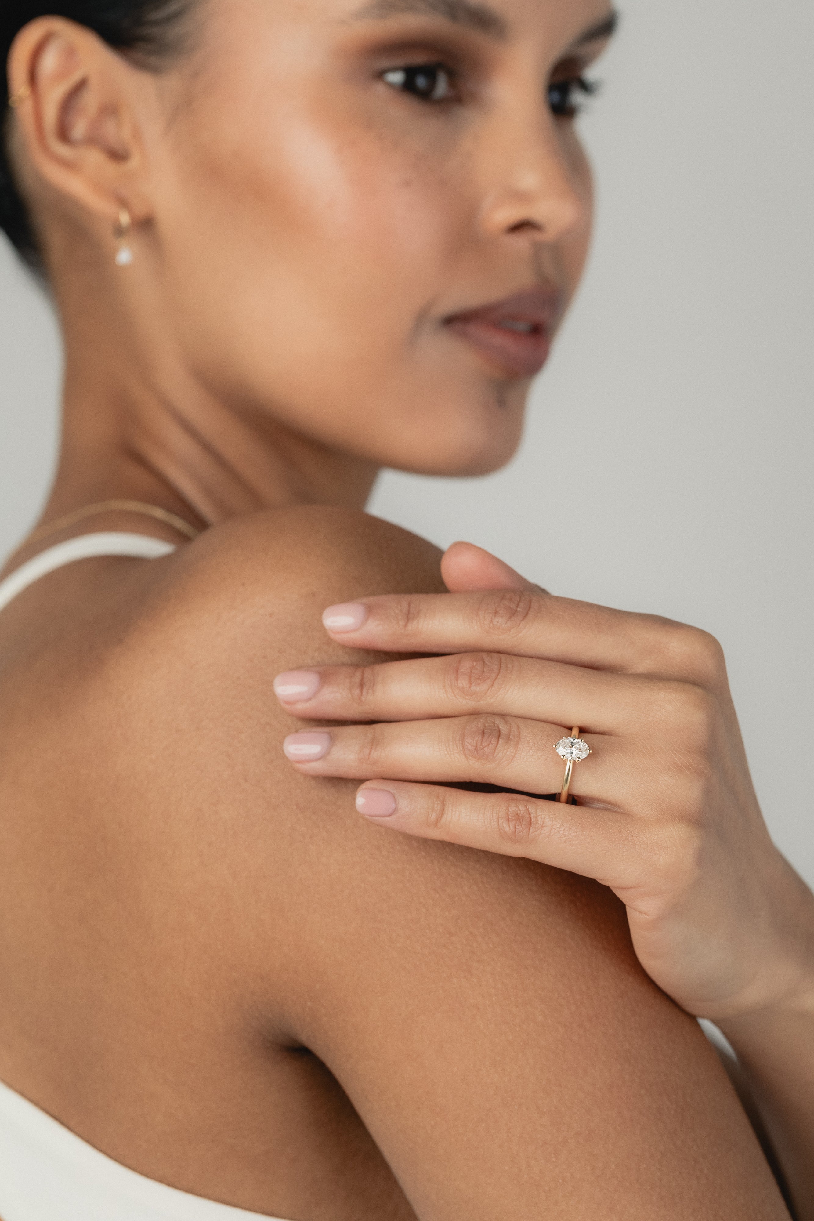 Bridal inspiration featuring the KARAAT Oval Six Prong Solitaire ring in 18k rose gold, styled for a modern wedding look.