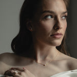 Elegant bridal jewelry by KARAAT featuring a lab-grown diamond engagement ring Oval Solitaire in 18k white gold and matching wedding band, styled for a modern wedding look.