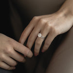 Close-up view of the KARAAT Round Six Prong Solitaire in 18k yellow gold on a model’s hand, showing the secure setting.
