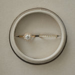 A flat-lay, top-down photograph of a yellow gold KARAAT round solitaire halo diamond engagement ring paired with a matching sparkling diamond wedding band, perfectly nestled side-by-side inside a round taupe velvet ring box.