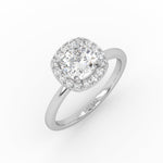 A white gold cushion-shaped solitaire engagement ring showcasing a brilliant 1 carat lab-grown diamond in halo setting.