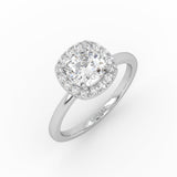 A white gold cushion-shaped solitaire engagement ring showcasing a brilliant 1 carat lab-grown diamond in halo setting.